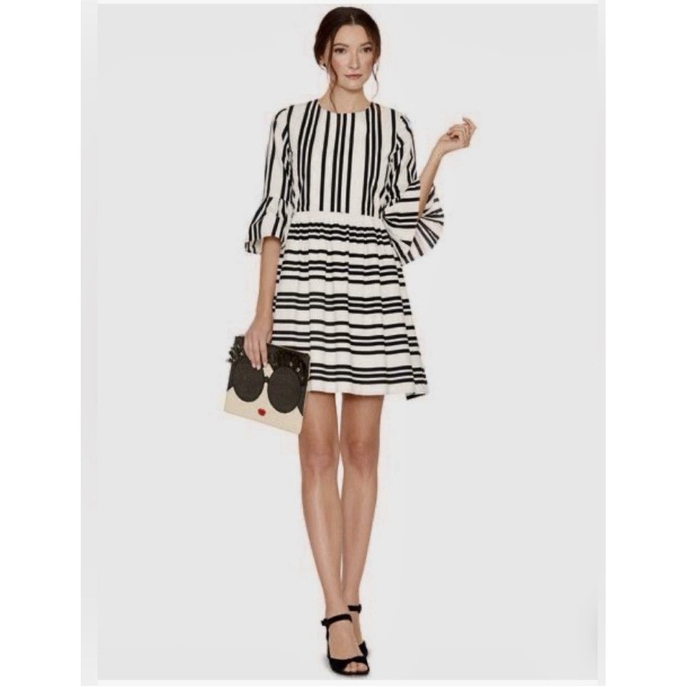 Alice + Olivia Augusta Dress Women 10 Ivory Black Stripe Bell Sleeve Back Zip